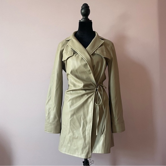 Zara - Beige Tan Camel Faux Leather Self Tie Long Sleeve Wrap Mini Dress Size XS - Picture 4 of 11